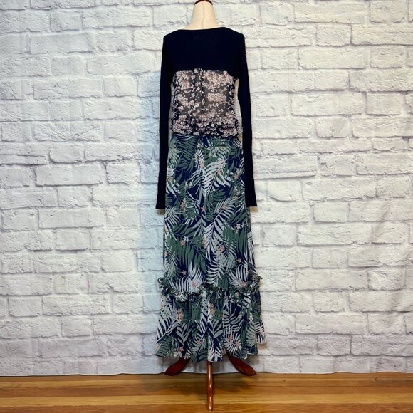 Walter Baker Navy Blue Floral Palm Print Tiered Maxi Skirt - Picture 6 of 9